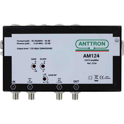 Anttron AM124 CATV amplifier, forward path : 85-862 MHz, 40 dB, return path : 5-65 MHz, 10 dB