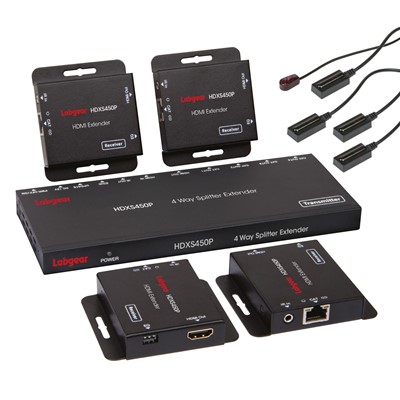 Labgear HDMI 50m 4 Way Splitter Extender Kit With POE Over CAT 5e/6/7 HDXS450P