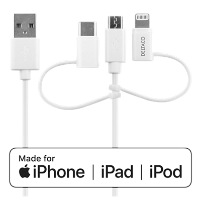 DELTACO USB-C / Micro USB / Lightning to USB-A cable, 1m, Apple C189 chipsetm FSC-labeled packaging, white