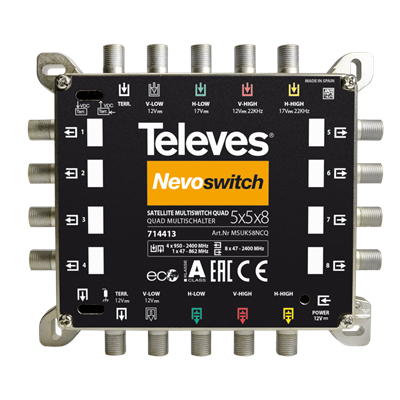 Televes TEL714413 NevoSwitch equipped with 5 QUAD inputs and 8 outputs